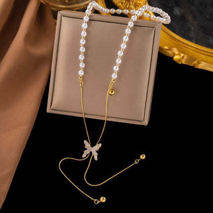 Fashion Frill Elegant Golden Chain Necklace For Women Butterfly Pearl Long Chain Pendant Necklace For Women Girls Love Gifts Womens Jewellery