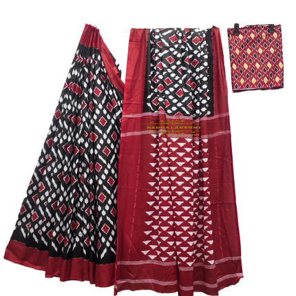 RADHA LAKSHMI Handicrafts Women's Ikat Hand Block Print Pure Soft Cotton Mulmul Saree Multi Colour with Blouse Piece (ikkat black red patola) 