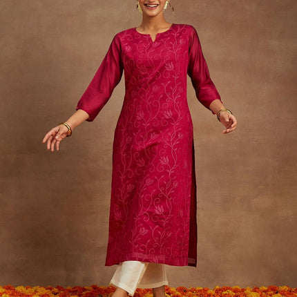 Libas Women's Chanderi Silk Embroidered Straight Kurta (58009_Hot Pink 