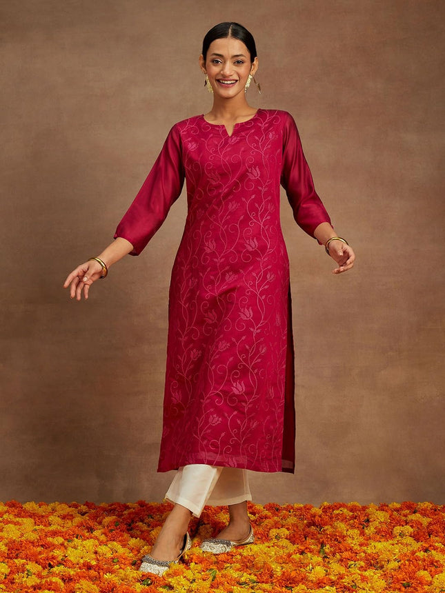 Libas Women's Chanderi Silk Embroidered Straight Kurta (58009_Hot Pink 