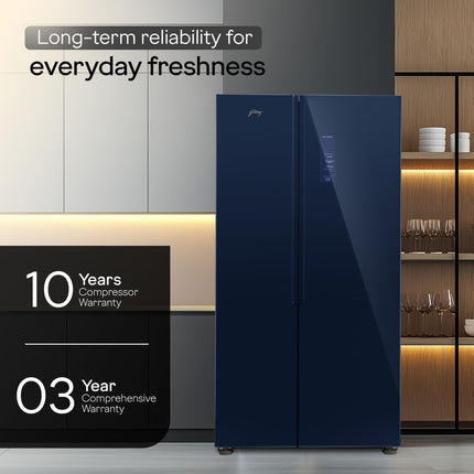 Godrej Smart Choice 600L 3Star Frost Free Smart Convertible AI Tech 3 Intelligent Modes Toughened Glass Door Inverter Side By Side Refrigerator (2025 Model,RS EONVELVET 646C RIT SM BL,Storm Blue) 
