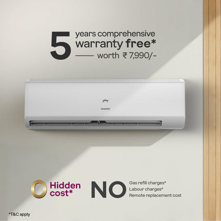Godrej 1.5 Ton 5 Star, 5 Years Comprehensive Warranty, 5-In-1 Convertible Cooling, Inverter Split AC (Copper, 2025 Model, Heavy duty cooling at 52 °C, AC 1.5T EI 18II5T WZS Split 5S, White) 