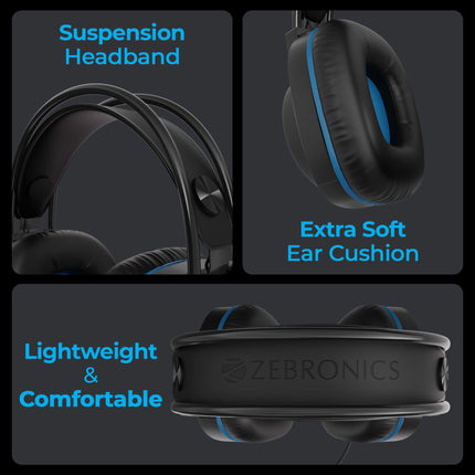 ZEBRONICS Jet Premium Wired Gaming On Ear Headphone with LED Light for earcups, 40mm Neodymium Drivers, 2 Meter Braided Cable, Flexible mic, Suspension Headband, 3.5mm + USB Connector (Black + Blue) 