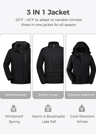 Wantdo Women's 3 In 1 Plus Size Coat Waterproof Snow Jacket Hooded Black 3X