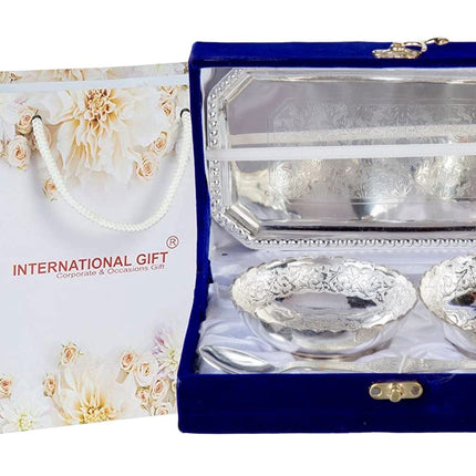 INTERNATIONAL GIFT German Silver Brass Round Bowl Set with Tray and Spoon with Royal Royal Luxury Velvet Box Used for Dry Fruit, Sweets and Home Decor 
