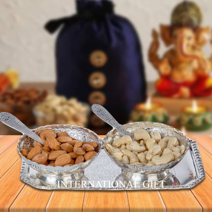 INTERNATIONAL GIFT German Silver Brass Round Bowl Set with Tray and Spoon with Royal Royal Luxury Velvet Box Used for Dry Fruit, Sweets and Home Decor 