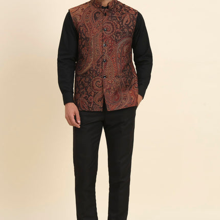 Pashtush Mens Woven Jacquard Structured Waistcoat, Slim Fit, Royal Black (38 - S)