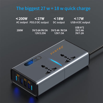VANTRO Power Inverter/Laptop Charger with 3 USB (6.2A Max) & 1 C Type(1*27WPD) Smart USB Ports, Patented Technology 12-24V DC to 220V AC- Bonus Cigarette Lighter Port - Ideal for Car, Bus, and Truck Use Model:: P2 Pro 