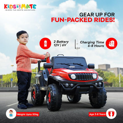 Kidsmate Power Ride Battery Operated Baby Car Jeep for Kids | Remote Control Car with RGB Lights, Music & 12V Rechargeable Battery | Perfect Ride-On Toy 4 Wheel Car for Boys & Girls Ages 3-8 Yr (Red) 