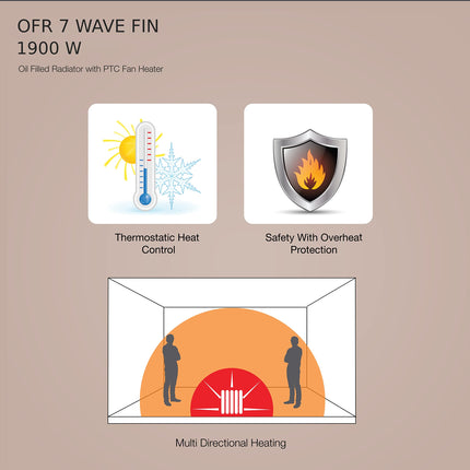 Havells OFR 7 Wave Fins (Oil Filled Radiator) with Fan| Room Heater| 1900 W| 3 Thermostatic Heat Power Settings & PTC Fan Control| Long-Lasting Heat| Comfortable Breathing|Uniform 360° Heating (Beige) 