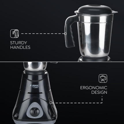 Judge by Prestige 500 Watts ACE Mixer Grinder with 3 Stainless Steel Jars| 3 Efficient Stainless Steel blades| Overload Protector| Sturdy Handles| Black 