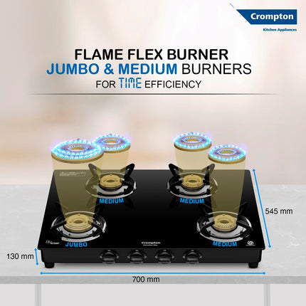 Crompton FlameStar Max 4 Burner Glass Top LPG Gas Stove | 1 Jumbo & 3 Medium Brass Burner | Max Space | Easy Cleaning | Toughened Glass| Tri Pin Brass Burners |2 Year Manufacturer's Warranty 