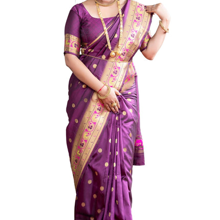 SGF11 Women's Kanjivaram Paithani Silk Sarees With Unstitched Blouse Piece (Wine) 