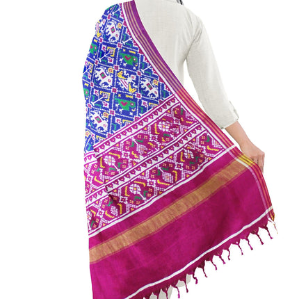 Garvi Gurjari Blue and Magenta Handwoven Double Ikat Silk Dupatta | Handloom Dupatta | Patan Patola | Length 2.5mtr 
