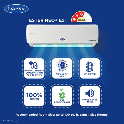 Carrier 1 Ton 3 Star AI Flexicool Inverter Split AC (Copper, Convertible 6-in-1 Cooling,Dual Filtration with HD & PM 2.5 Filter, Auto Cleanser, ESTER NEO+ Exi, CAI12ER3R34F0,White) 
