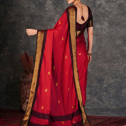 SWARON Women's Banarasi Jacquard Kanjivaram Silk Saree with Unstitched Blouse Piece (3743S111NW_Red & Dark Maroon) 