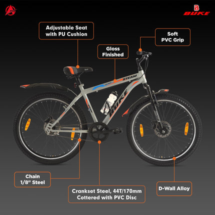 Avon Buke Steam Bicycles 26T MTB Cycle for Adults | Wheel Size: 26" Inch | High-Tensile Steel Frame 18 Inches | Rigid Suspension, DISC Brake/Short Bend and Steel Rim (Matt Gloss Finish Grey) 