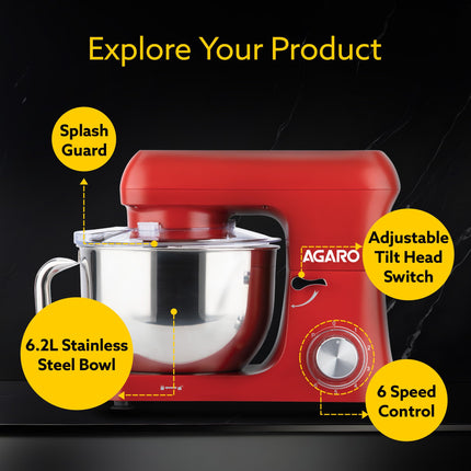 AGARO Supreme Stand Mixer 1500W with 6.2L SS Bowl, 6 Speed Setting, Pulse Function, Die Cast Aluminium Body, Copper Motor, Whisk, Mixing Beater, Dough Hook, Transparent Bowl Cover, Red 