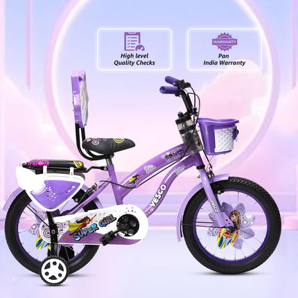 VESCO Super Girl 16T Cycle for Kids Girls with Balance Wheel & Back Carrier | Rigid Fork | Frame 11 Inch | Ideal for 4 to 6 Years Girls Kids Bike (Purple) 