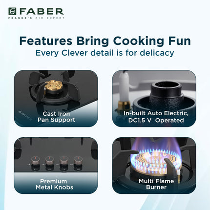 Faber 4 Burner 90Cm HOB |Auto Ignition| HOB PRIME HT904 CRS BR CI AI |Metal Knobs| Cast Iron Pan Support|HOB/Cooktop Hybrid|Black Glass Finish |5 Yrs Warranty On Glass,Valve & 2 Yrs On Burner 