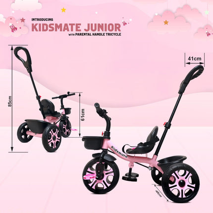 Kidsmate Junior Tricycle for Kids with Parental Control | Cycle for Kids 1-4 Years | Baby Cycle | Bicycle for Kids with Storage Basket, Cushion Seat and Seat Belt Carrying Capacity 30 Kgs (Pink) 