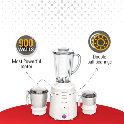 Sujata Supermix Mixer Grinder|900 Watts Double Ball Bearing Motor|22000 RPM|Non-Stop 90 Mins Running|3 Jars including 1750ml Blender, 1000ml Grinder, 500ml Chutney Jar| (White) 