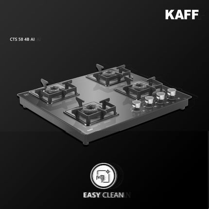KAFF Gas Stove/Cooktop 4 Burners with Auto Electric Ignition 58 CM, Black Coated Brass Burners, Slim Line Design, Enamelled Pan Support with Integrated Flame Protector (Black) | CTS584BAI | 