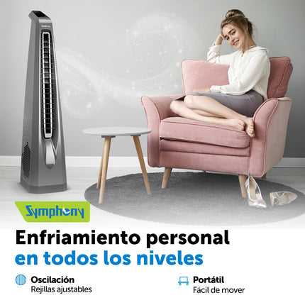 Symphony Surround-i High Speed Bladeless Technology Tower Fan for Home With Touchscreen Control Panel, Remote, and Swivel Action (White) 