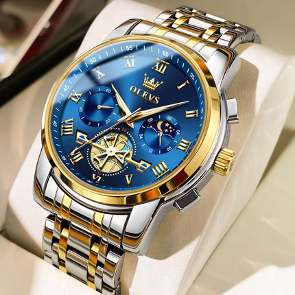 OLEVS Watches for Men Chronograph Business Blue Wrist Watches Analog Quartz Moon Phase Stainless Steel Waterproof Luminous Dress Watches 