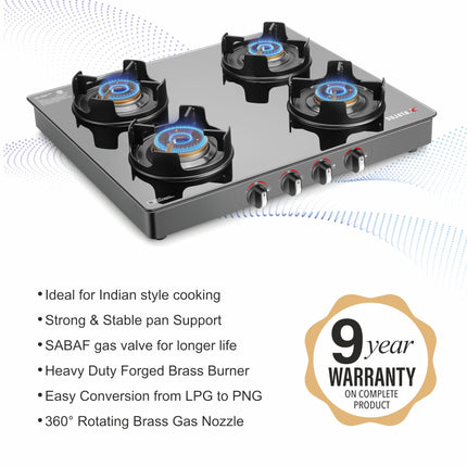 Sujata Deluxe Auto Ignition Gas Stove | 9 Years Warranty | Gas Stove 4 Burners Glass Top, 4 Burner Stove, SABAF, ISI Certified, LPG & PNG Compatible, Jumbo Brass Burner (Black) 