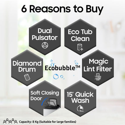 Samsung 8 kg, 5 star, Eco Bubble Tech, Digital Inverter Motor, Soft Closing Door, Fully-Automatic Top Load Washing Machine (WA80BG4441BGTL, Light Gray) 