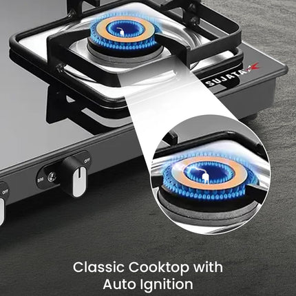 Sujata Classic Auto Ignition Gas Stove | 9 Years Warranty | 3 Burner Gas Stove Glass Top, Stove 3 Burner, SABAF, ISI Certified, LPG & PNG Compatible, Jumbo Brass Burner (Black) 