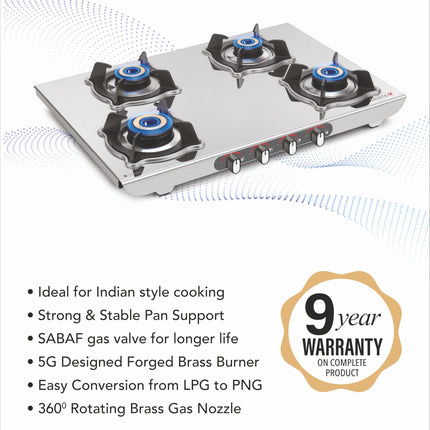 Sujata Sterno Auto Ignition Gas Stove | 9 Years Warranty | Gas Stove 4 Burners Steel Body, SABAF, ISI Certified, LPG & PNG Compatible, Jumbo Brass Burners (Stainless Steel) 