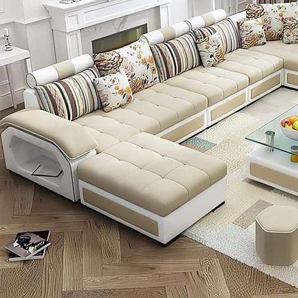 Torque - Silvester 12 Seater U Shaped Sofa for Living Room (Left Side, Beige & White) | Large 12-Seater Couch Set with Cushion and Stool | Fabric Sofa for Hall Festival Gifts 