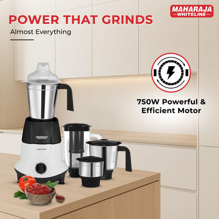Maharaja Whiteline Odacio Elite Mixer Grinder With 4 Jars | 750 Watt | 20,000 RMP Motor | Stainless Steel Blade | 2 Years Warranty | Black & White 
