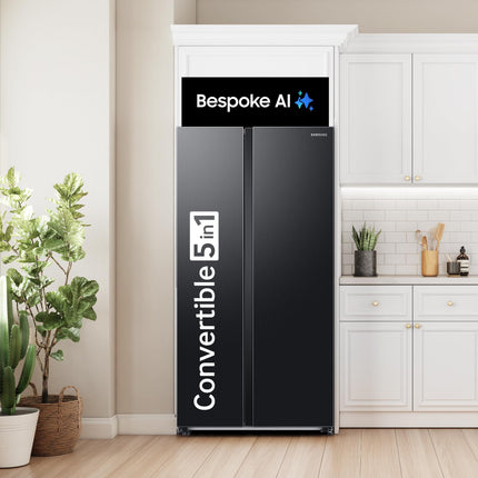 Samsung 653 L, 3 Star, Frost Free, Double Door, Convertible 5-in-1 Digital Inverter, Side By Side AI Enabled Smart Refrigerator with WiFi (RS76CG8003B1HL, Black Matte/Black DOI) 