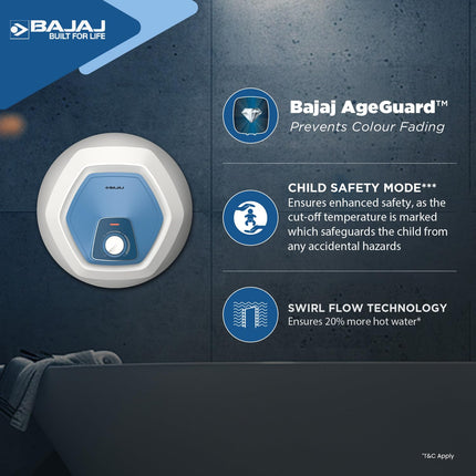 Bajaj Armour series Contempo 10L Storage Water Heater For Home|5 Star Rated Geyser For Bathroom|20% More Hot Water*|Thermostat Knob|Shock Resistant & Rust Proof|Child Safety Mode|4-Yr Warranty|White 