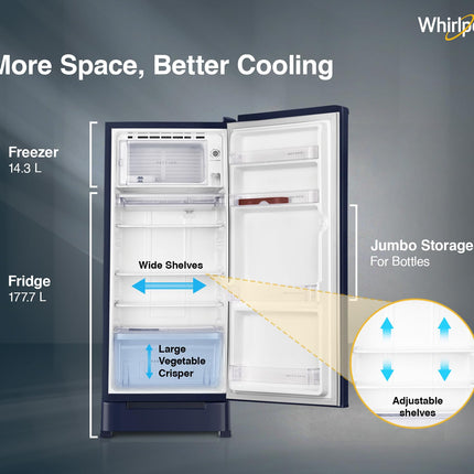 Whirlpool 192 L 4 Star Icemagic Powercool Direct-Cool Single Door Refrigerator with Base Drawer (215 IMPC ROY 4S SAPPHIRE MULIA-Z) 