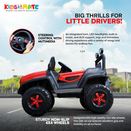 Kidsmate Power Ride Battery Operated Baby Car Jeep for Kids | Remote Control Car with RGB Lights, Music & 12V Rechargeable Battery | Perfect Ride-On Toy 4 Wheel Car for Boys & Girls Ages 3-8 Yr (Red) 