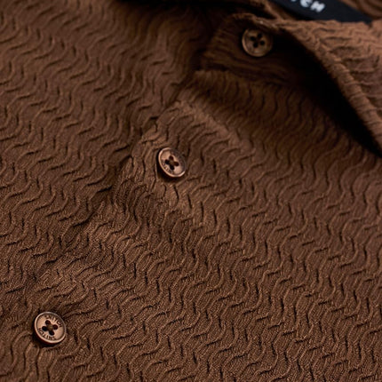 SNITCH Men Casual Shirt | Slim Fit Full Sleeve Classic Collar Textured Design | Premium Polyester Blend & Comfortable Fabric Semi-Formal Events ||Rich Earthy Brown 