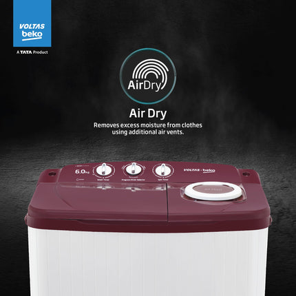 Voltas beko, A Tata Product 6 kg 5 Star Semi-Automatic Top Load Washing Machine With Air Dry (2024 Model, WTT60UNX/OK3R0R0W01, Burgundy, Special Pulsator Technology) 