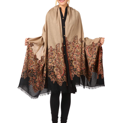 Pashtush Women's Kashmiri Jamawar Shawl, Jacquard palla, Warm and soft, Faux Fine Wool (Black and beige)