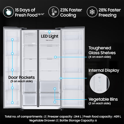 Samsung 653 L, 3 Star, Frost Free, Double Door, Convertible 5-in-1 Digital Inverter, Side By Side AI Enabled Smart Refrigerator with WiFi (RS76CG8003S9HL, Silver, Refined Inox, 2025 Model) 