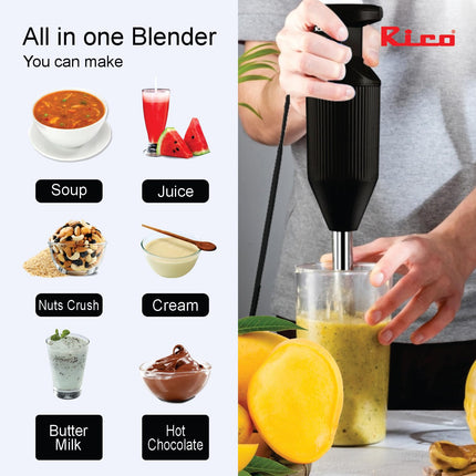 Rico Heavy Duty Portable Hand Blender For Kitchen | 2 Years Replacement Warranty | 5 Blades for Making Juice, Chutney, Smoothie, Whipping & Chopper for Easy Cutting | Non Seed Crushing Juicer Blade 