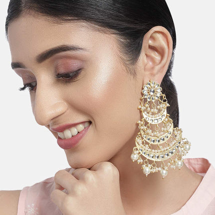 I Jewels 18k Gold Plated 3 Layered Beaded Chandbali Earrings with Kundan and Pearl Work for Women (E2859) 