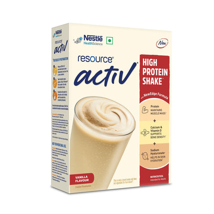 Nestlé Resource Active, High Protein Shake with New Edge Formula, Vanilla Flavour, Strengthens Muscles, Bones, Immune System, Improves Skin 400g Bag-in-box pack 