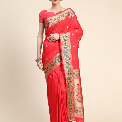 SGF11 Women's Kanjivaram Paithani Soft Lichi Silk Sarees With Blouse Piece (Red) 