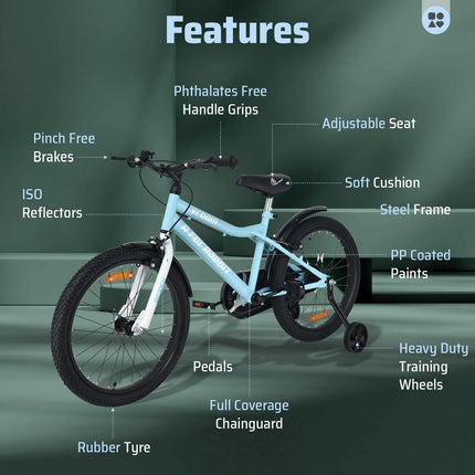 R for Rabbit Vroom Bicycle for Kids Cycle 20T Inches for 7 to 10 Years Boys & Girls with Training Wheels | 90% Installed | Upto 50 Kgs Weight Capacity (Lake Blue) 