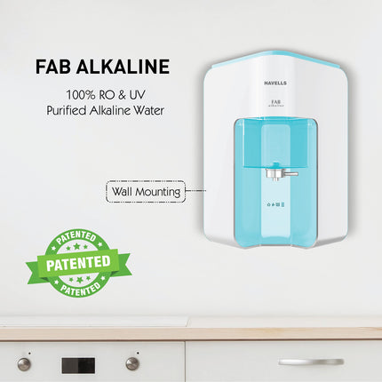 Havells Fab Alkaline Water Purifier (White & Sky Blue), RO+UV+Alkaline, Filter Alert, Copper+Zinc+Minerals, 7 Stage Purification, 7L Tank, Suitable for Borwell, Tanker & Municipal Water 