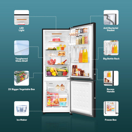 Haier 237L 3 Star Frost Free Bottom Mount Double Door Refrigerator|8 In 1 Convertible Modes|Jhukna Mat-Bottom Freezer|Twin Inverter|200% Faster Ice Making in 49 Minutes (HEB-243GB-P, GE Black) 